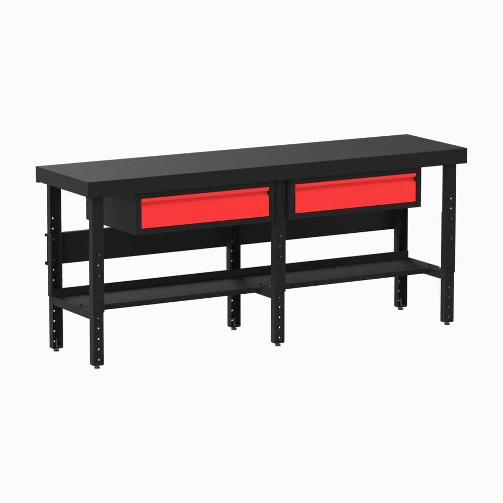 Valley Craft Adjustable Work Tables With A Flat Top Featuring Two Red Drawers And A Lower Shelf