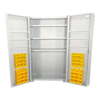 Valley Craft Deep Door Cabinet With Open Doors Featuring Multiple Shelves A Perforated Back Panel And Small Yellow Bins