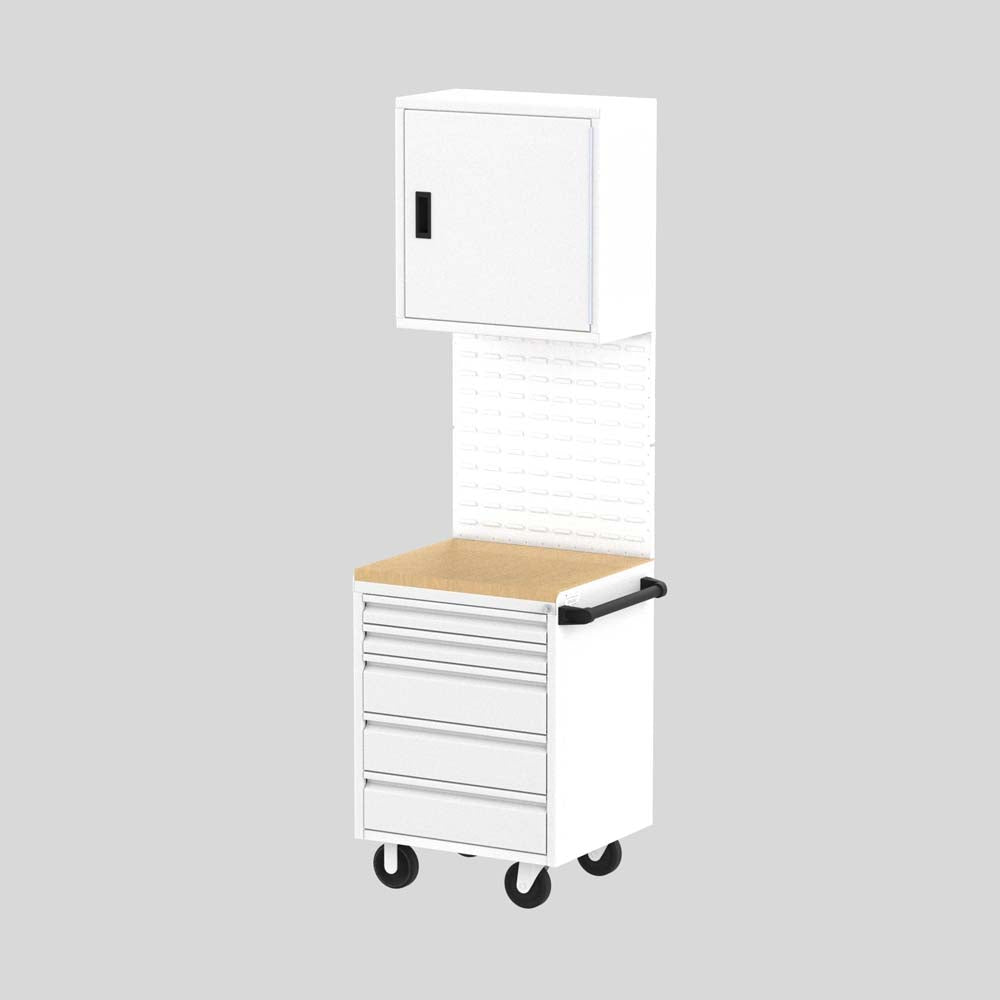 Valley Craft F89185BS Workbench With A Wooden Top Featuring Four Drawers A Side Handle A Pegboard Back And An Upper Cabinet