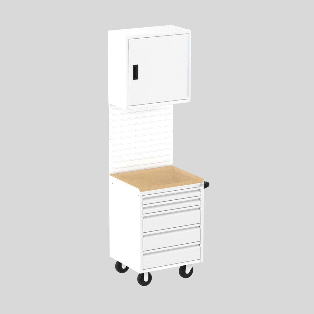 Valley Craft Garage Workbench With Four Drawers A Wooden Work Surface A Pegboard And An Overhead Cabinet