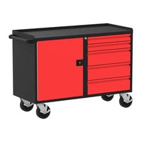 Valley Craft Wide Workbench F89269BS Featuring A Red Door On The Left And Four Red Drawers On The Right