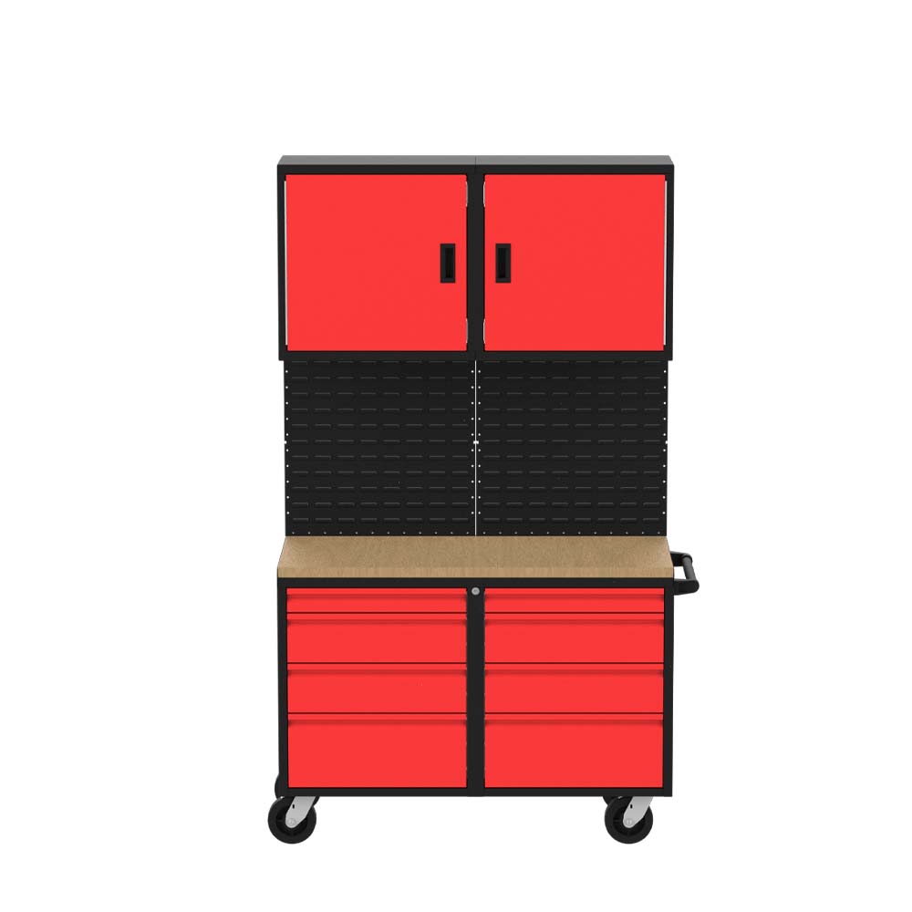 Valley Craft Workbench Suite B With A Wooden Work Surface Featuring Upper Cabinets A Pegboard And Lower Drawers