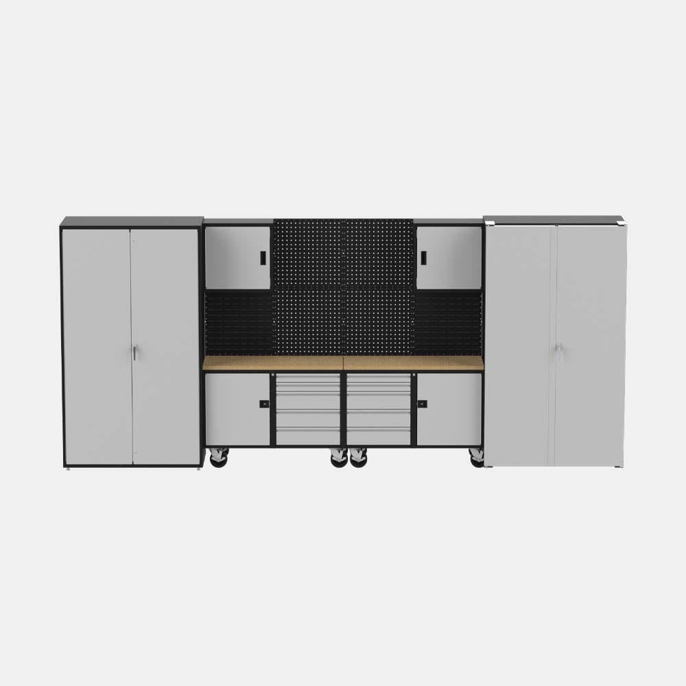 Valley Craft Workbench Suite F89262BS With Two Tall Cabinets On Each Side A Central Workbench With Drawers And A Pegboard