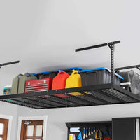 VersaRac 4 Ft X 8 Ft Pro Overhead Rack Black In A Garage Loaded With Various Items