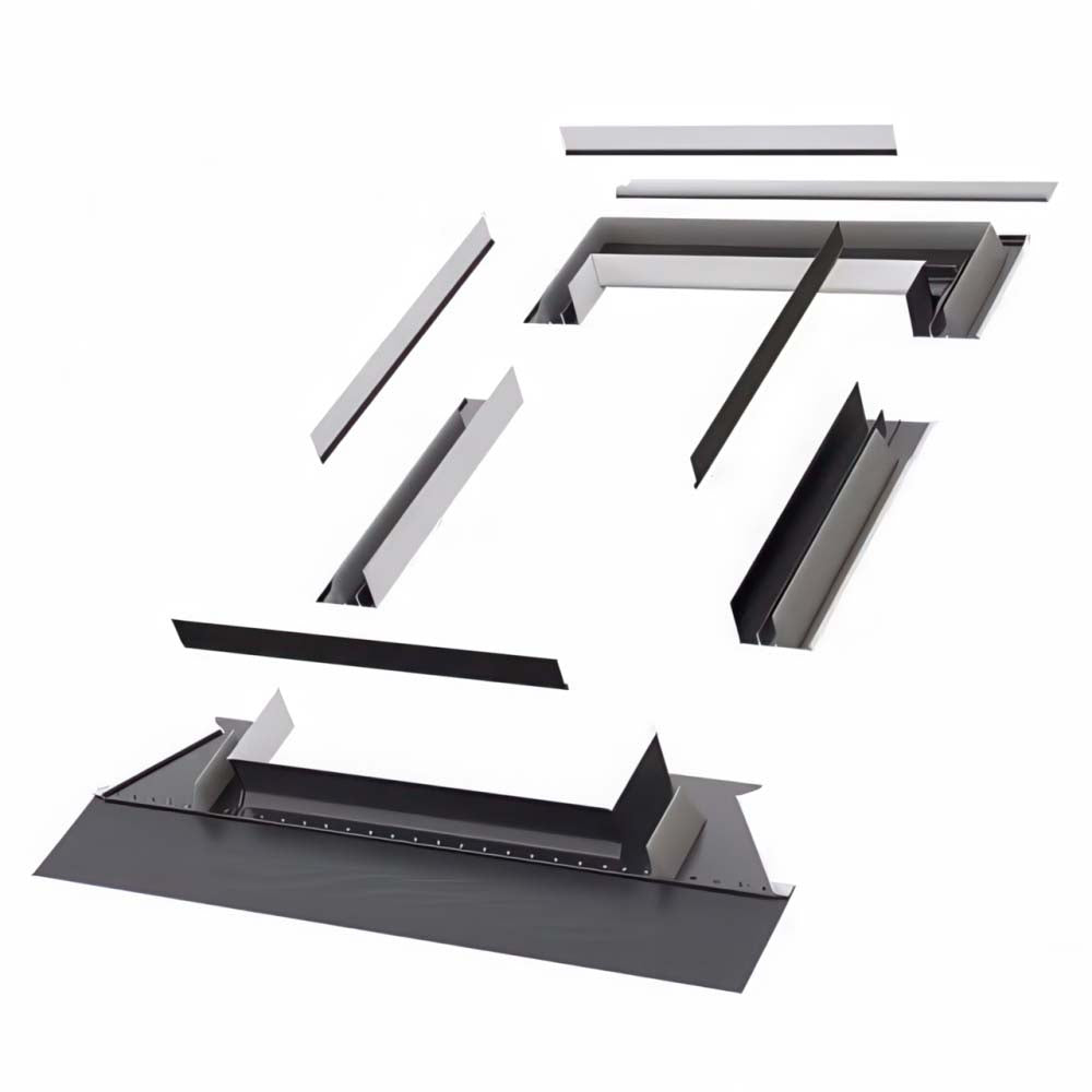 FAKRO EH high-profile flashing kit for tile roofs — head, sill and deep-channel side flashing sections

