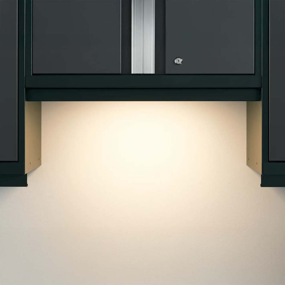 Wall-Mounted Cabinet Unit With Built-In Lighting Illuminating The Workspace Below Framed By Black Cabinet Sides And Doors