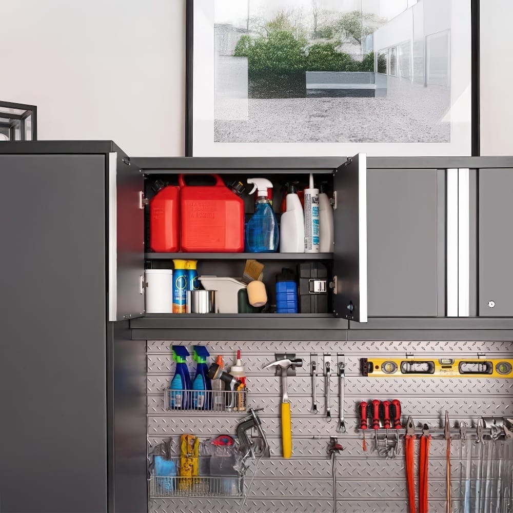 Wall Cabinet Open To Reveal Cleaning Supplies And Tools With A Diamond Plate Backboard