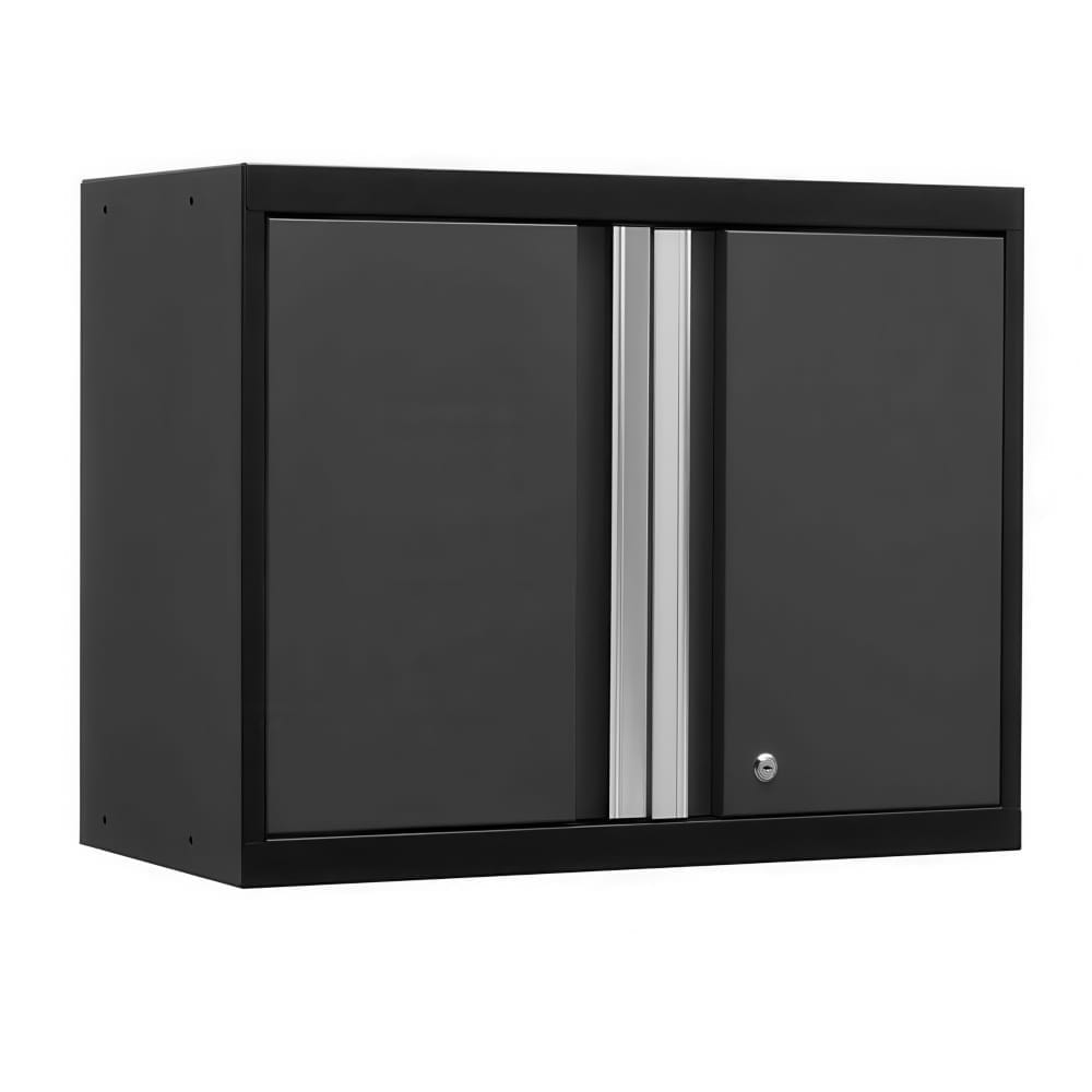 Wall Mounted Black Metal Cabinet With Two Grey Doors Central Silver Handle And Locking Key Cylinder In The Right Door
