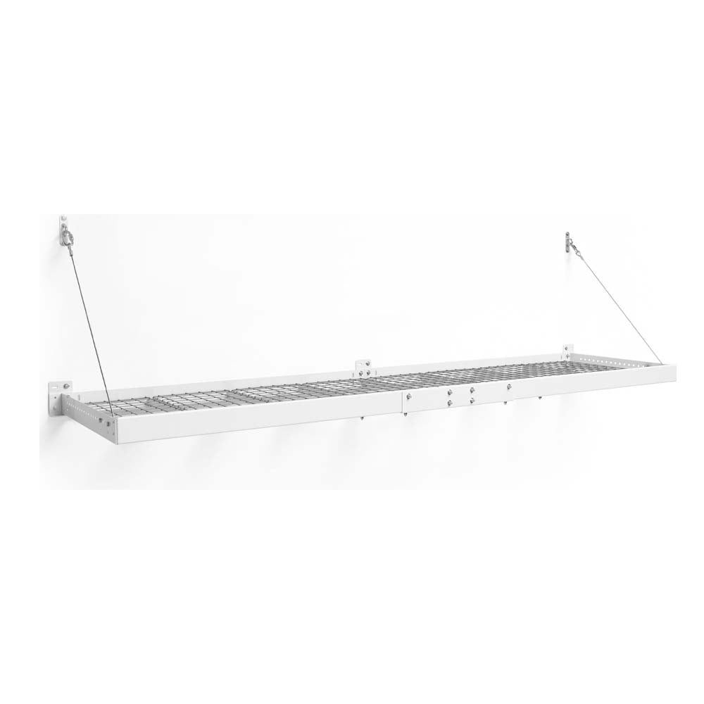 Wall Mounted Steel Shelf 2 Ft X 8 Ft Pro Series 2PC With A Grid Like Surface Supported By Two Cables