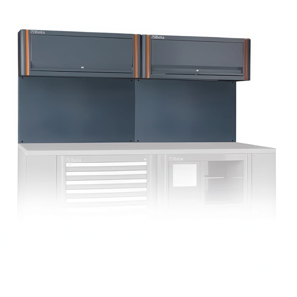 Wall Mounted Workshop Cabinets With Fold Up Doors Above A Modular Workbench Back Panel System