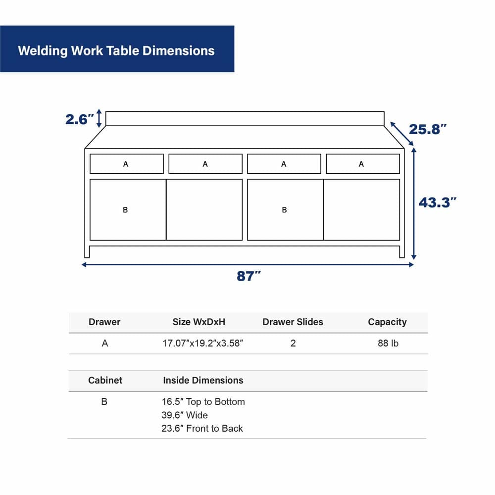 Welding Work Table Dimensions Diagram Showing Overall Size Drawer Measurements