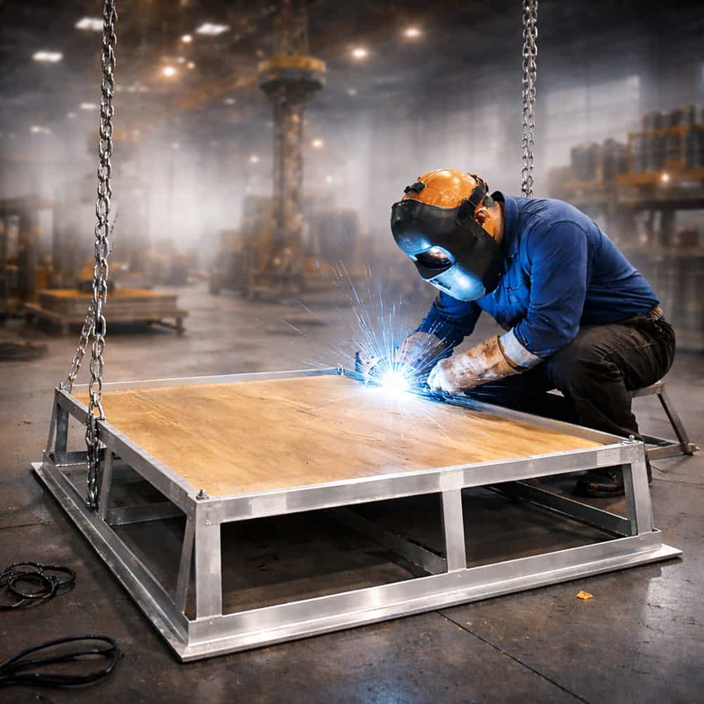 Worker welding metal on a platform in an industrial setting