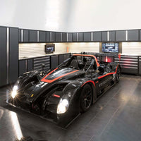 Well Organized Garage Featuring Pro 3.0 9 Piece Garage Set With Utility Cart Drawers And A Wall Mounted Monitor
