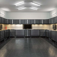 Well Organized Garage With 3 Piece Wall Cabinet Set Pro 3.0 Series With 56 Integrated Display Shelf