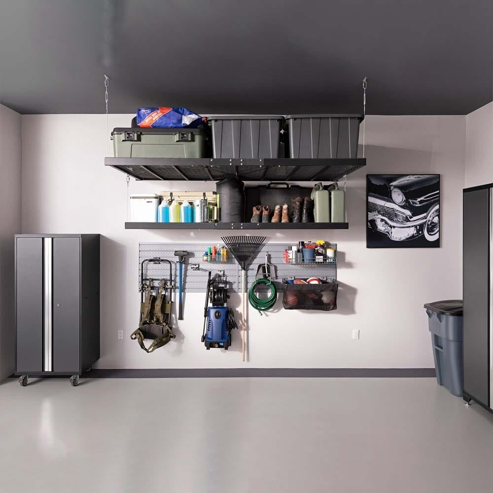 Well Organized Garage With A Ceiling Mounted NewAge 8 Piece Pro 3.0 Garage Set With 5 Drawer Cabinets