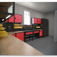 Well Organized Garage With Red And Black Cabinets Pegboards Filled With Tools And F89245BK Work Tables Valley Craft
