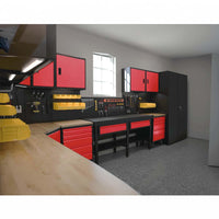 Well Organized Garage With Valley Craft Digilock Cabinet A Pegboard With Tools Yellow Storage Bins And Wooden Workbenches