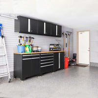 Well Organized Garage Workspace Featuring NewAge Garage Cabinet Set Pro 3.0 Series 7 Piece Both Mounted On The Wall And On The Floor