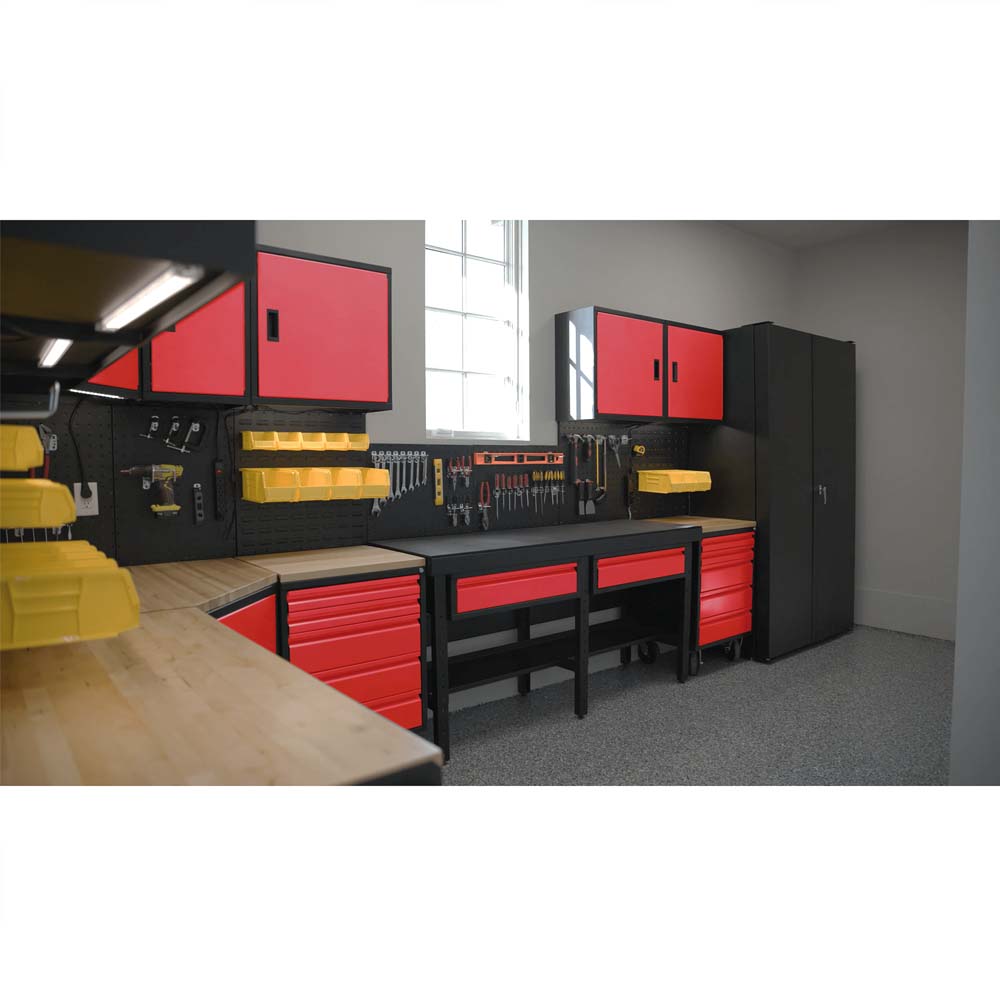 Well Organized Garage Workspace Featuring Red And Black Valley Craft Cabinet With Shelves And Yellow Storage Bins On Wooden Countertops