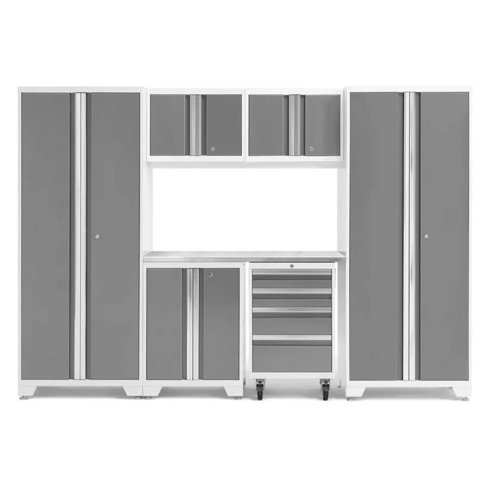 White-Framed Garage Storage System With Gray Cabinet Doors Featuring Tall Lockers Upper Wall Cabinets A Stainless Steel Work Surface A Lower Cabinet And A Mobile Drawer Unit