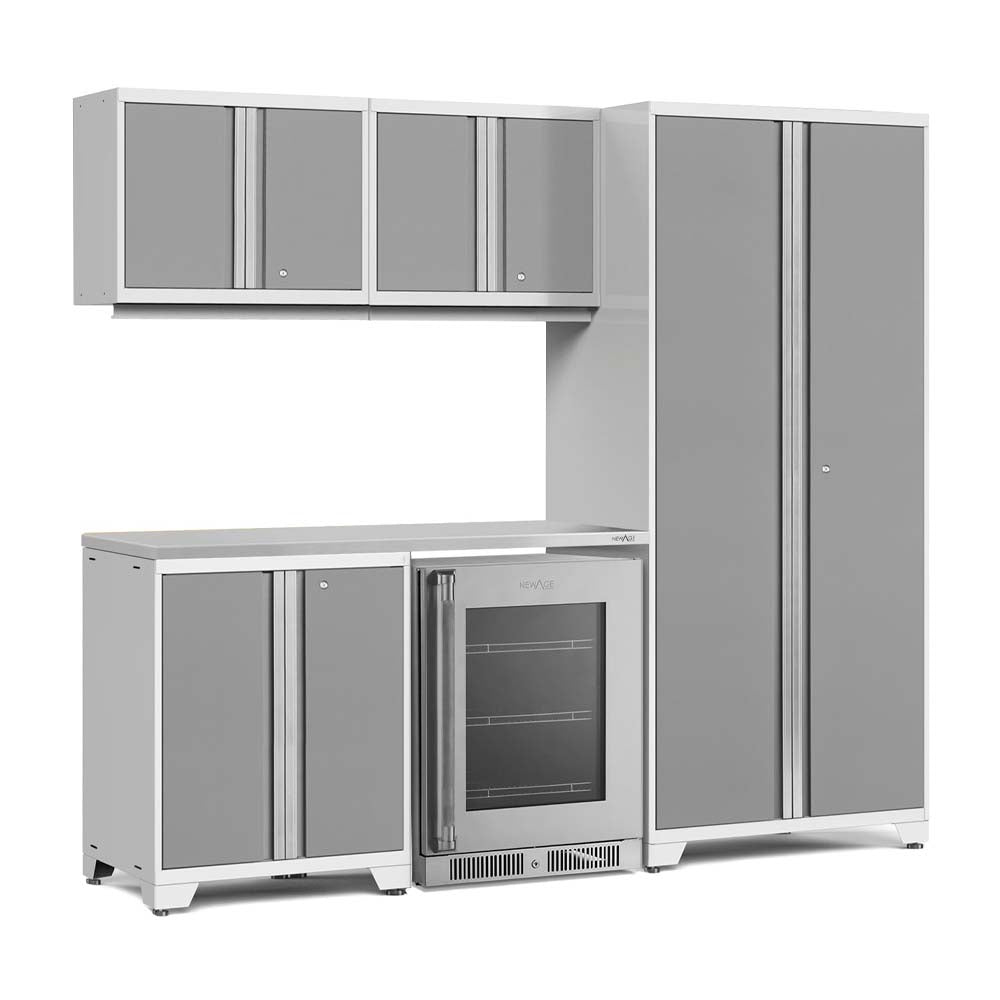 White And Gray Garage Cabinet Configuration With Tall Storage Tower Overhead Wall Units And Central Beverage Cooler