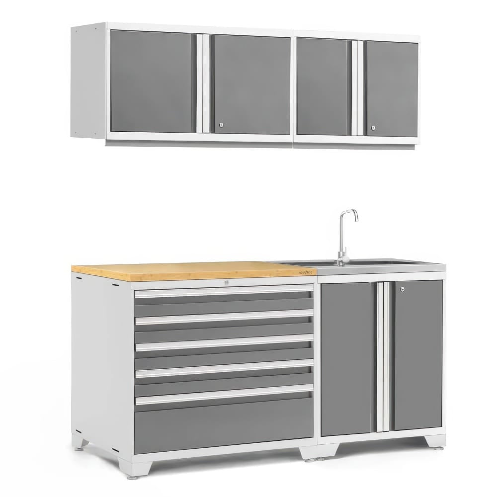 White And Gray Garage Cabinet Kit With Wood Worktop Tool Drawers Wall Storage And Built In Sink