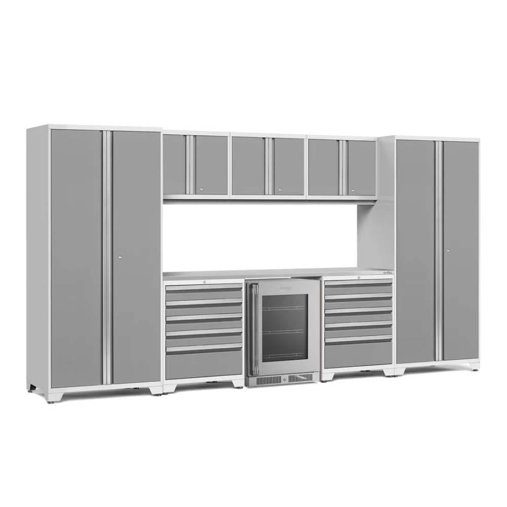 White And Gray Garage Cabinet Set Featuring A Glass-Door Beverage Cooler Wide Drawer Units Upper Storage Cabinets And A Matching Gray Work Surface