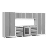 White And Gray Garage Cabinet Set Featuring A Glass-Door Beverage Cooler Wide Drawer Units Upper Storage Cabinets And A Matching Gray Work Surface