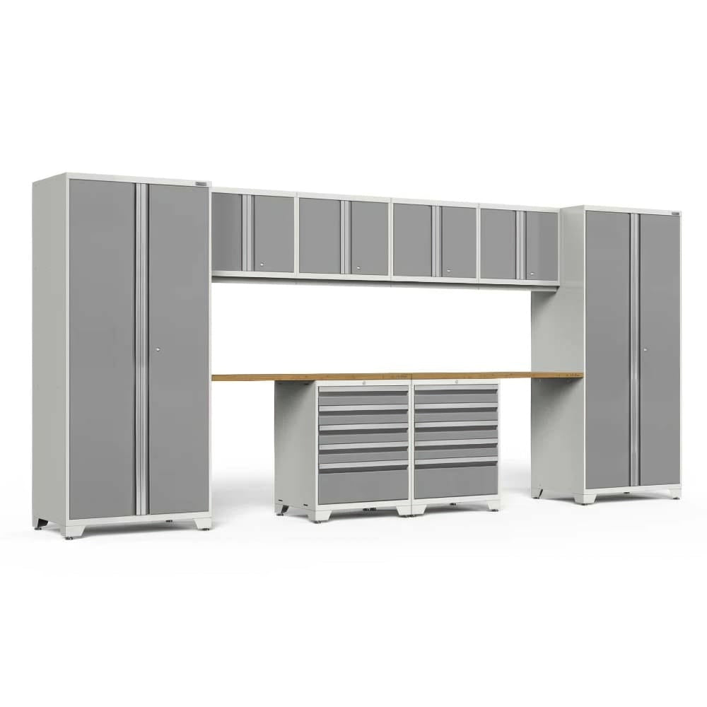 White And Gray Garage Cabinet System With Overhead Cabinets Wood Worktop And Two Rolling Drawer Chests Between Tall Lockers