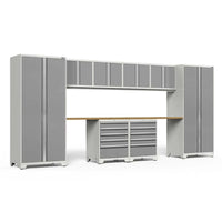 White And Gray Garage Cabinet System With Overhead Cabinets Wood Worktop And Two Rolling Drawer Chests Between Tall Lockers