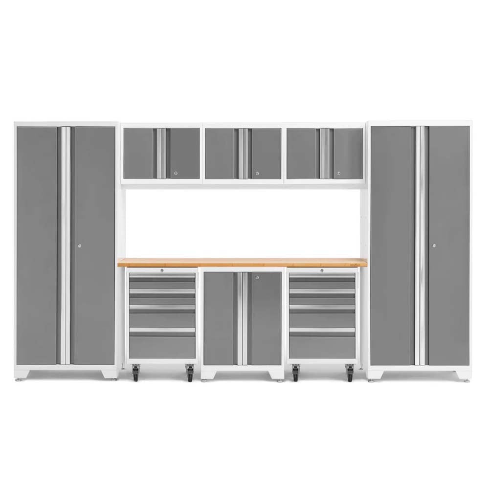 White And Gray Garage Cabinet System With Upper And Lower Storage Units Mobile Drawers And A Natural Wood Work Surface
