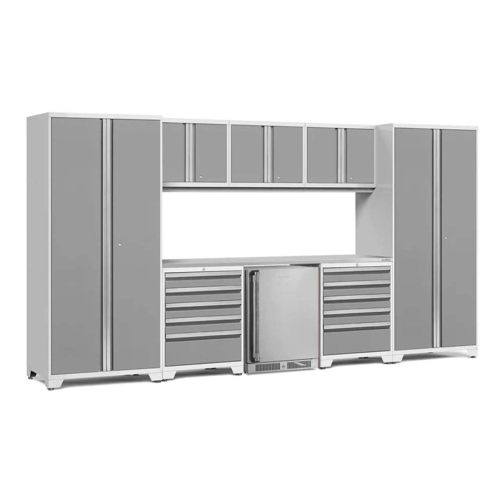 White And Gray Garage Storage Configuration Includes Tall Cabinets Upper Wall Cupboards Dual Drawer Units And A Built-In Stainless Steel Beverage