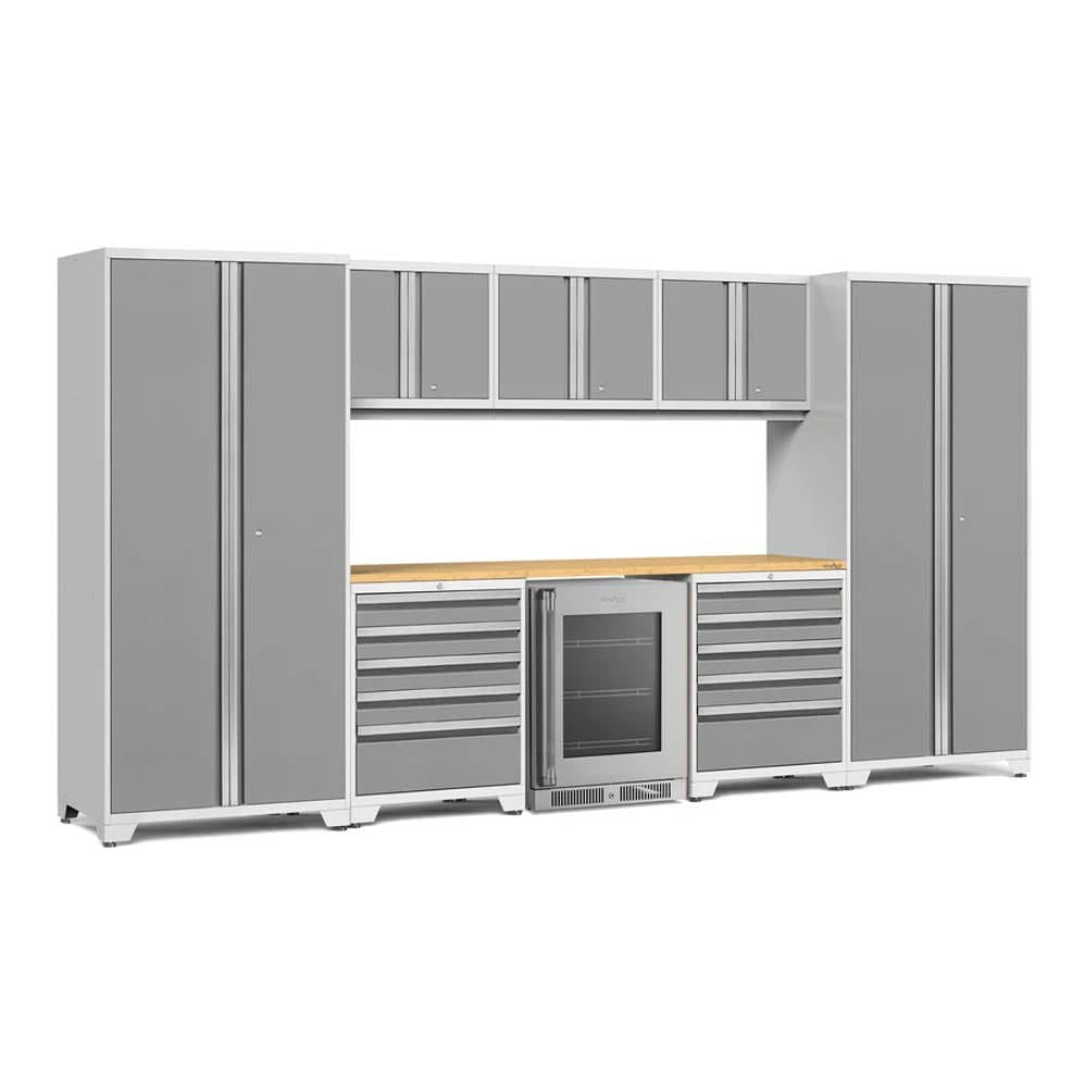 White And Gray Garage Storage System With A Wood Countertop Ample Drawer And Cabinet Space
