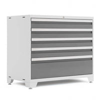 White And Gray Metal Storage Cabinet With Five Drawers And Adjustable Feet