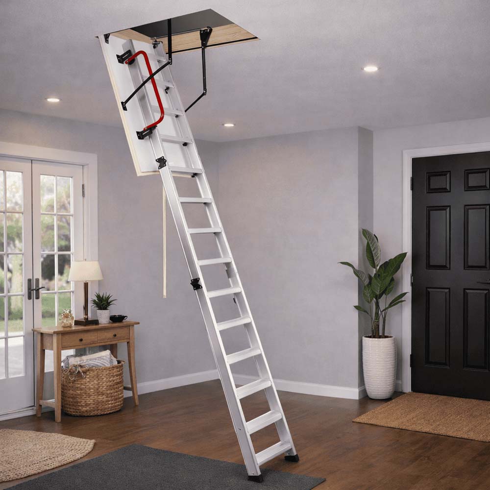 White Attic Ladder With Red Handrail Extends From Ceiling Hatch