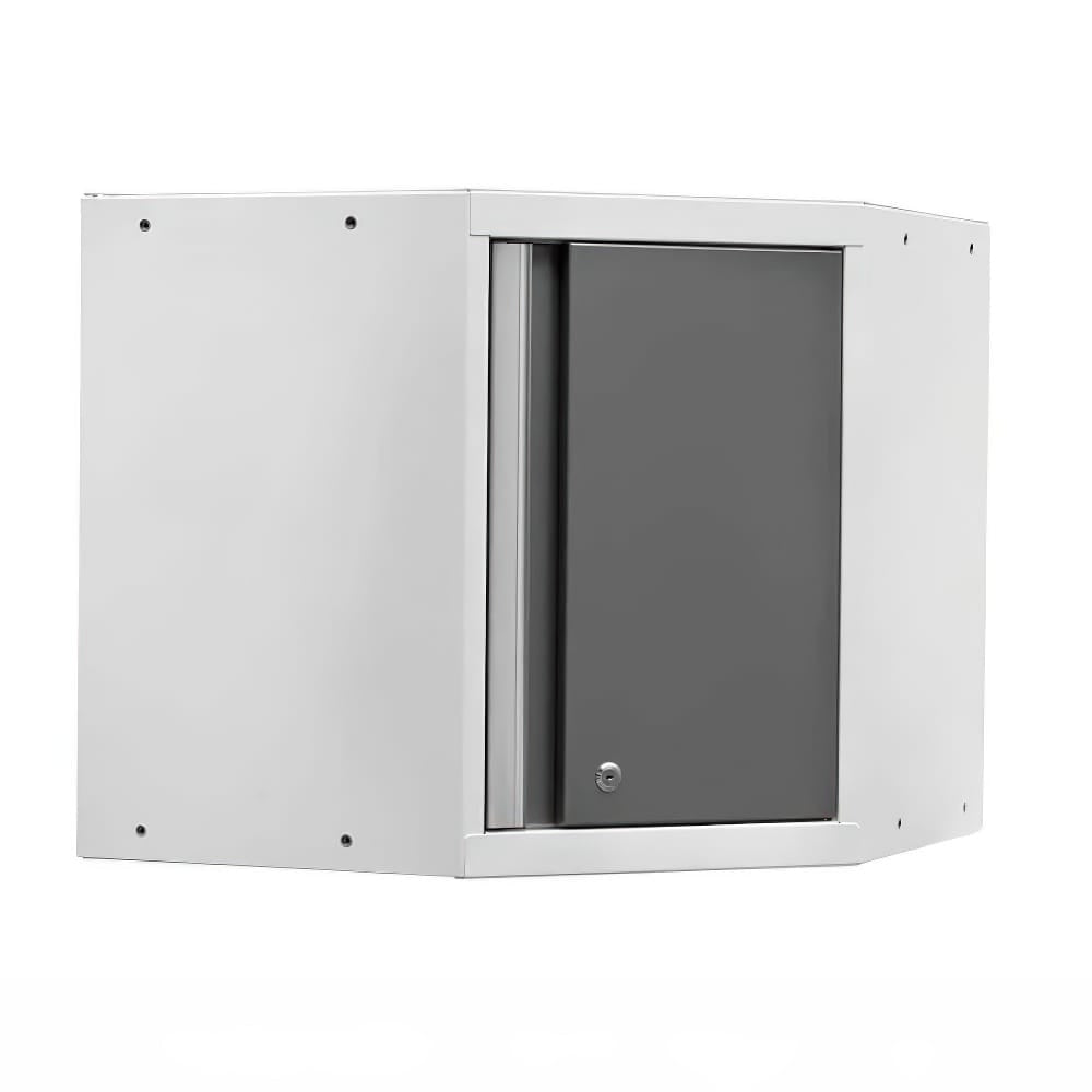 White Corner Wall Cabinet With Grey Single Door And Silver Handle Trim