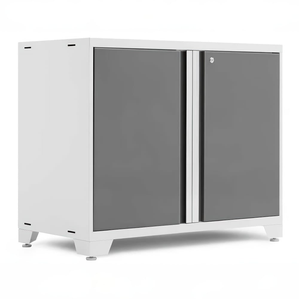 White Floor Cabinet With Grey Double Doors And Silver Center Handle Panel