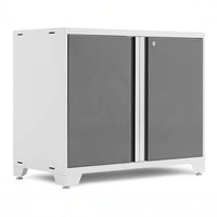 White Floor Cabinet With Grey Double Doors And Silver Center Handle Panel