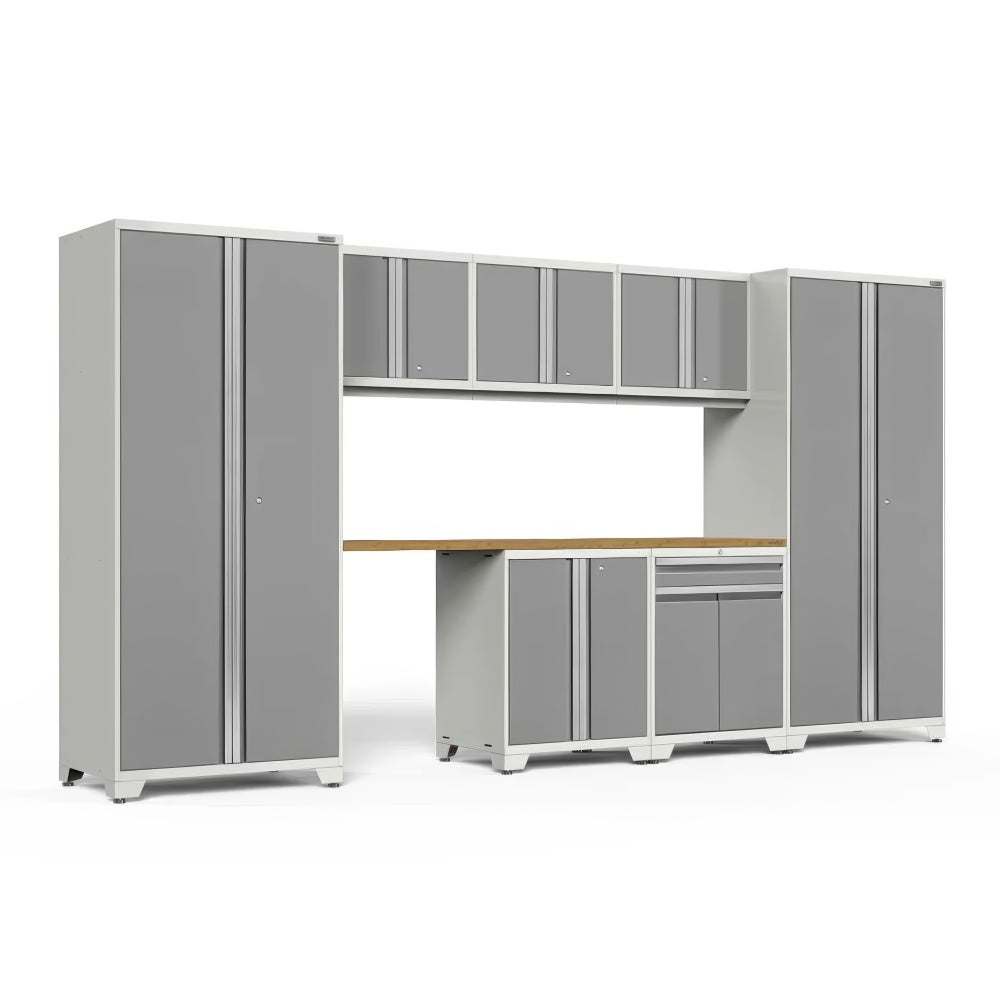 White Frame Garage Cabinet System With Two Tall Pantries Upper Cabinets Wood Worktop And Lower Storage Modules