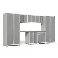 White Frame Garage Cabinet System With Two Tall Pantries Upper Cabinets Wood Worktop And Lower Storage Modules