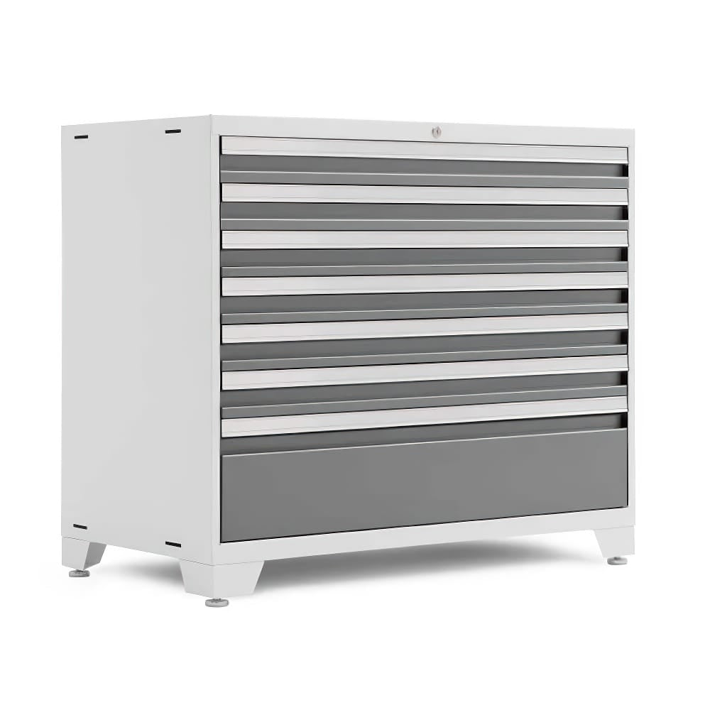 White Frame Tool Cabinet With Gray Drawers And Silver Pulls On Leveling Feet