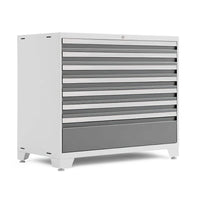 White Frame Tool Cabinet With Gray Drawers And Silver Pulls On Leveling Feet