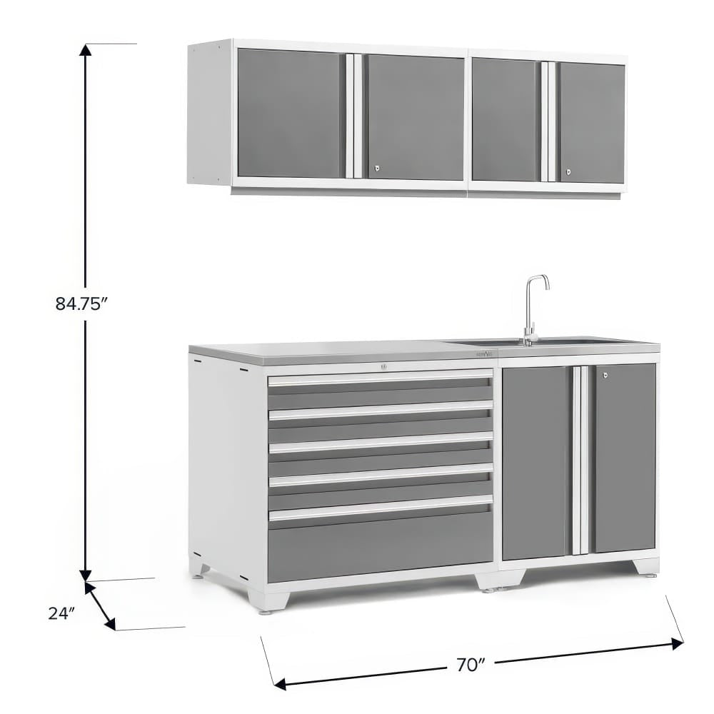 White Framed Garage Cabinet Set With Sink Base And Overhead Storage Shown