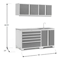 White Framed Garage Cabinet Set With Sink Base And Overhead Storage Shown
