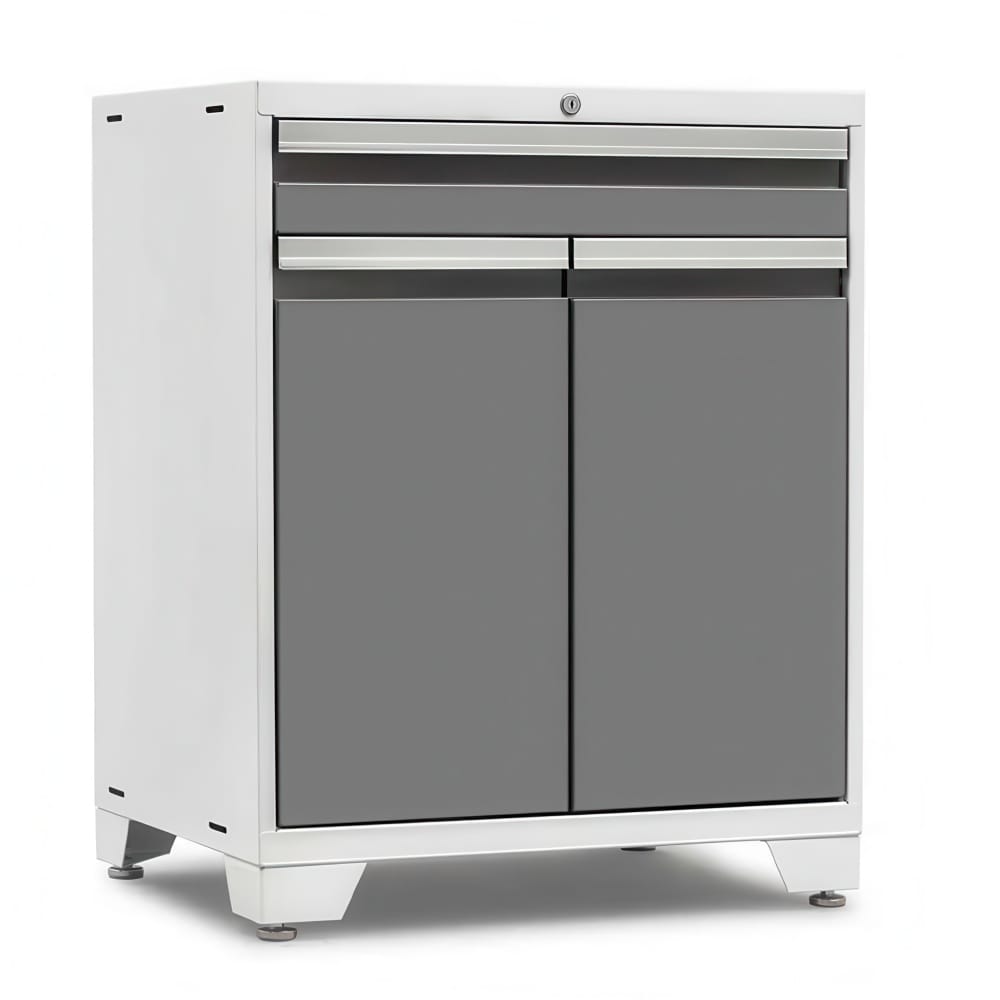 White Framed Garage Cabinet With Grey Top Drawers And Matching Double Doors Stands On Adjustable Leveling Feet