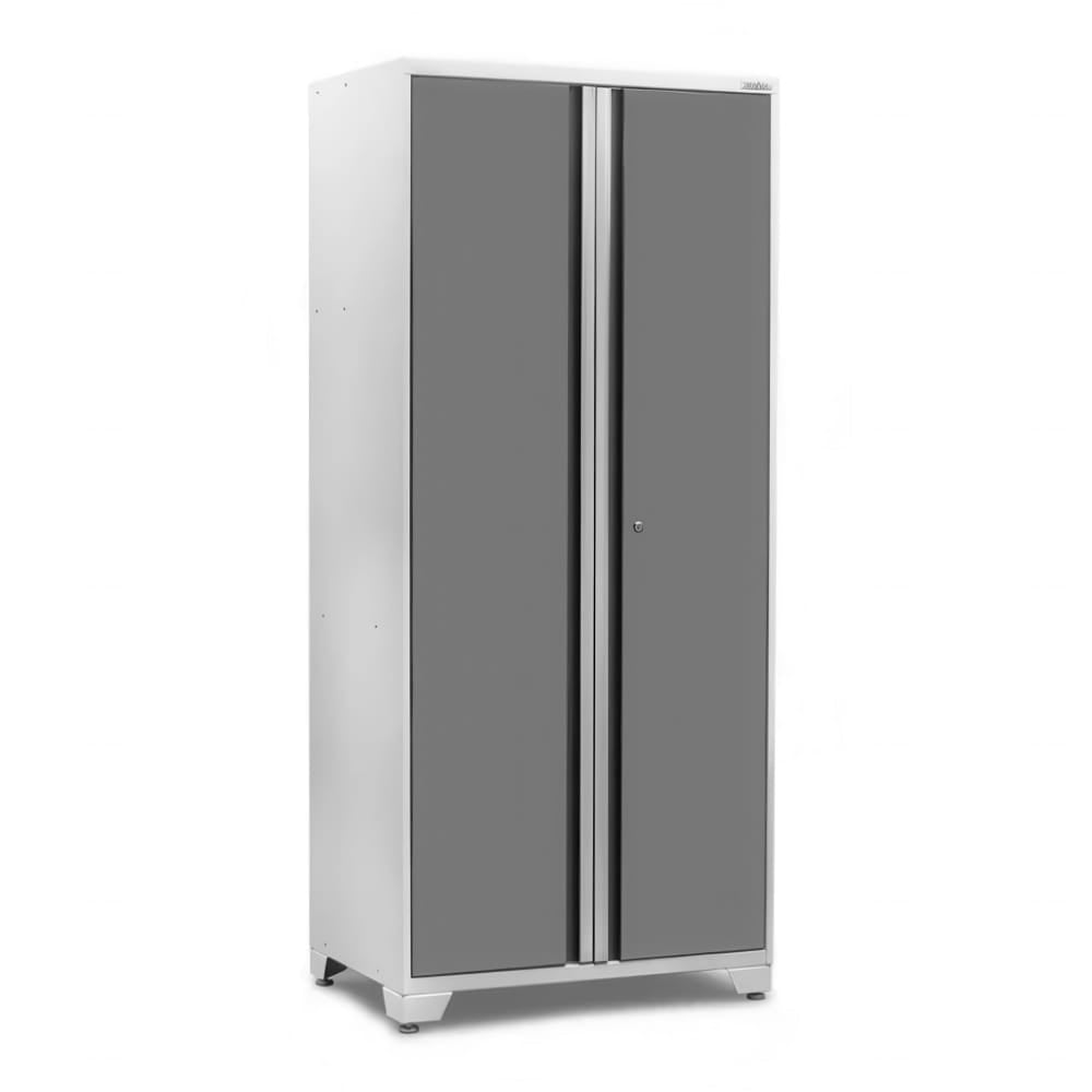 White Framed Tall Cabinet With Gray Double Doors Central Silver Pulls And Locking Keyhole