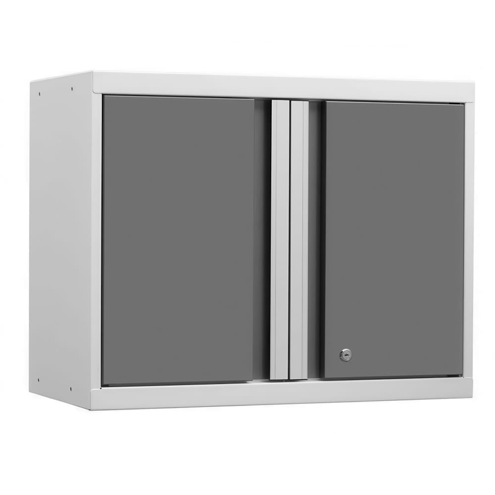 White Framed Wall Cabinet With Gray Double Doors Central Silver Handle Trim And A Lock On The Right Door Against A White Background