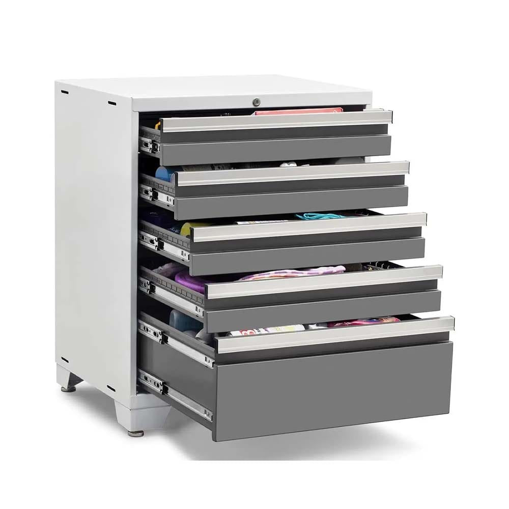 White Metal Drawer Cabinet With Five Open Grey Drawers Revealing Organized Supplies Inside