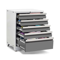 White Metal Drawer Cabinet With Five Open Grey Drawers Revealing Organized Supplies Inside