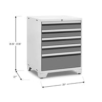 White Metal Five Drawer Cabinet With Grey Fronts With Arrows Showing Its Height Width And Depth Dimensions